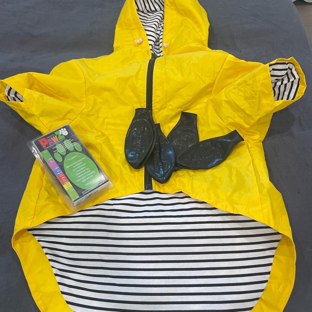 Yellow hooded Dog Raincoat with Striped Lining and pocket